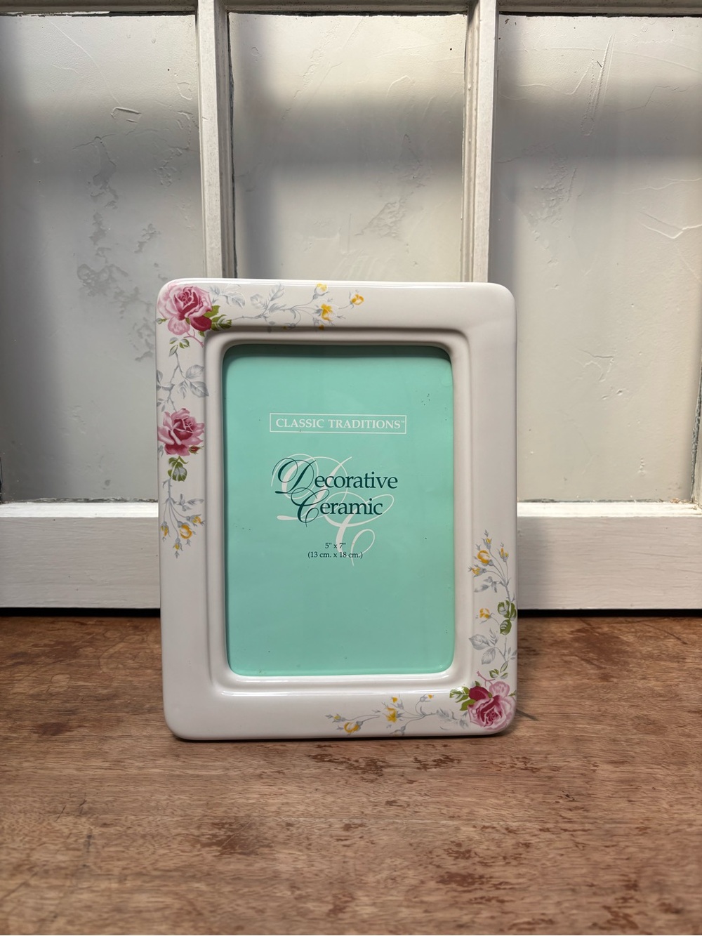 Vintage White Ceramic Picture Frame with Pink Floral Accents